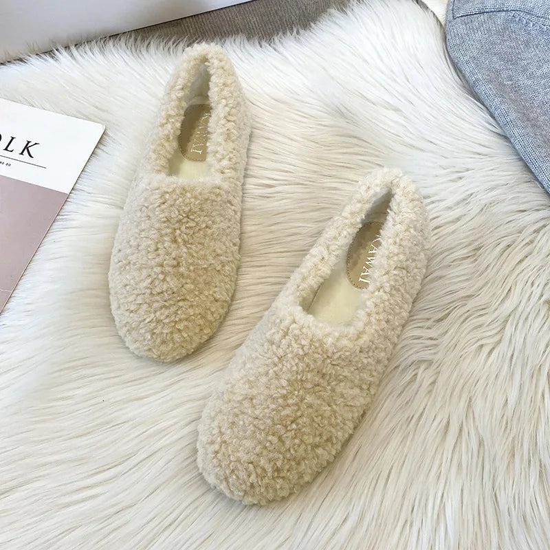 Luxury Lambwool Moccasins: Women's Winter Plush Loafers