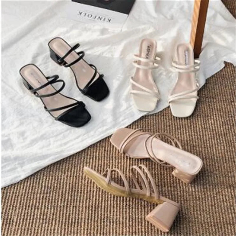 Women's Square Heel Sandals: Elegant Cross-Tied Leather Slides