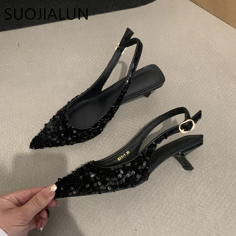 New Bling Women Sandals: Pointed Toe Slingback Med Heel Pumps