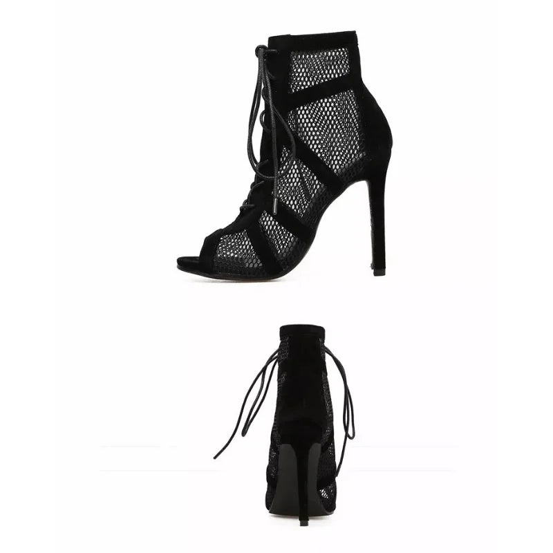 New Fashion Show Black Net Fabric High Heel Sandals: Lace-up Peep Toe Pumps