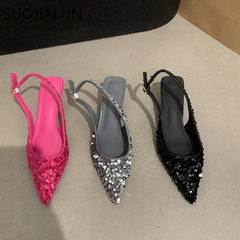 New Bling Women Sandals: Pointed Toe Slingback Med Heel Pumps