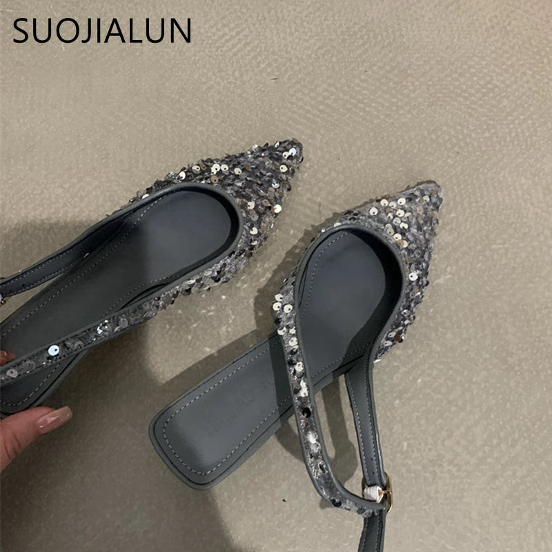 New Bling Women Sandals: Pointed Toe Slingback Med Heel Pumps