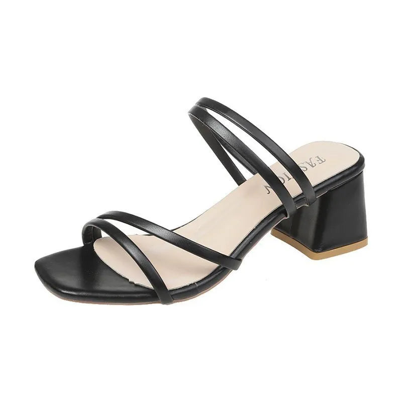 Women's Square Heel Sandals: Elegant Cross-Tied Leather Slides