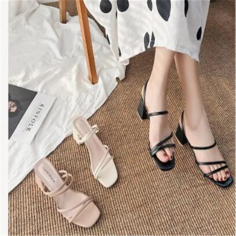 Women's Square Heel Sandals: Elegant Cross-Tied Leather Slides