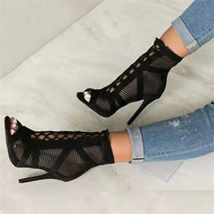 New Fashion Show Black Net Fabric High Heel Sandals: Lace-up Peep Toe Pumps