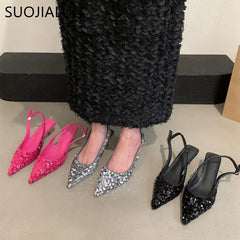 New Bling Women Sandals: Pointed Toe Slingback Med Heel Pumps