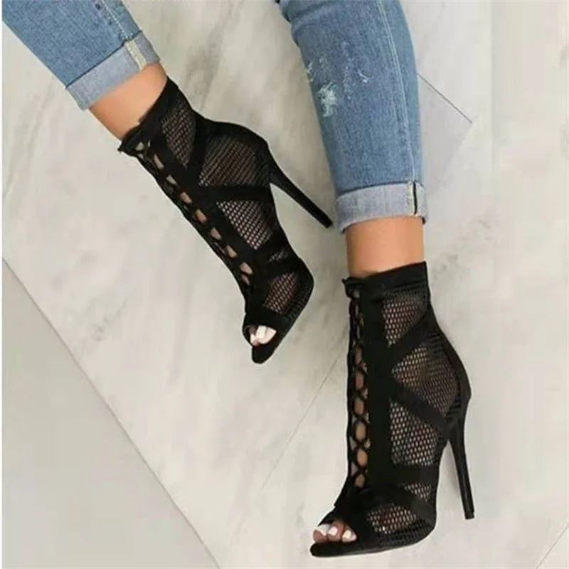 New Fashion Show Black Net Fabric High Heel Sandals: Lace-up Peep Toe Pumps